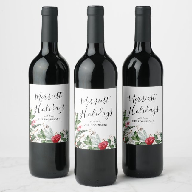 Étiquette Pour Bouteilles De Vin Élégant feuillage botanique de Noël d'hiver (Bouteilles)
