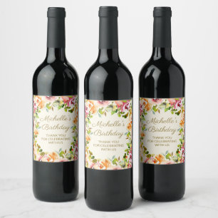 Étiquette Pour Bouteilles De Vin Élégant floral rouge orange Anniversaire Remerciem
