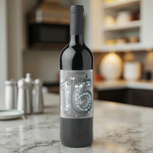 Étiquette Pour Bouteilles De Vin Élégant Glamour Silver et Diamond Sweet 16 (Créateur téléchargé)