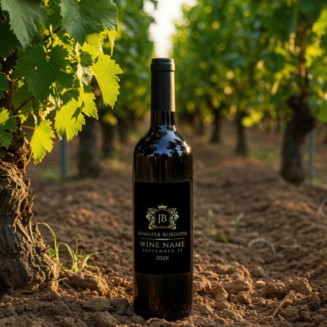 Étiquette Pour Bouteilles De Vin Elegant Gold Crown Frame On Custom Black (Créateur téléchargé)