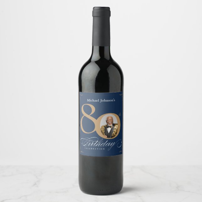 Étiquette Pour Bouteilles De Vin Elegant Gold Navy Blue Photo 80th Birthday  (Devant)