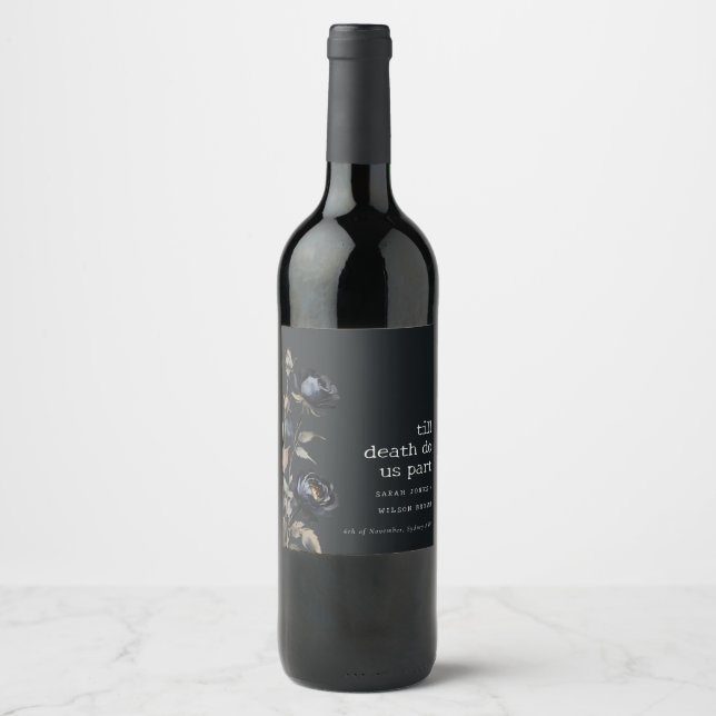 Étiquette Pour Bouteilles De Vin Elégant gothique noir Rose noir Mariage (Devant)