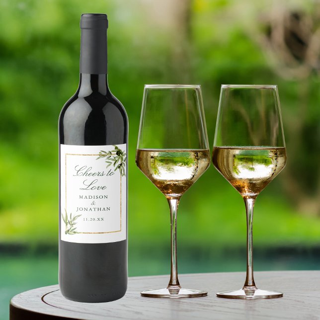 Étiquette Pour Bouteilles De Vin Elégant Green Gold Botanical Cheers Mariage person (Créateur téléchargé)