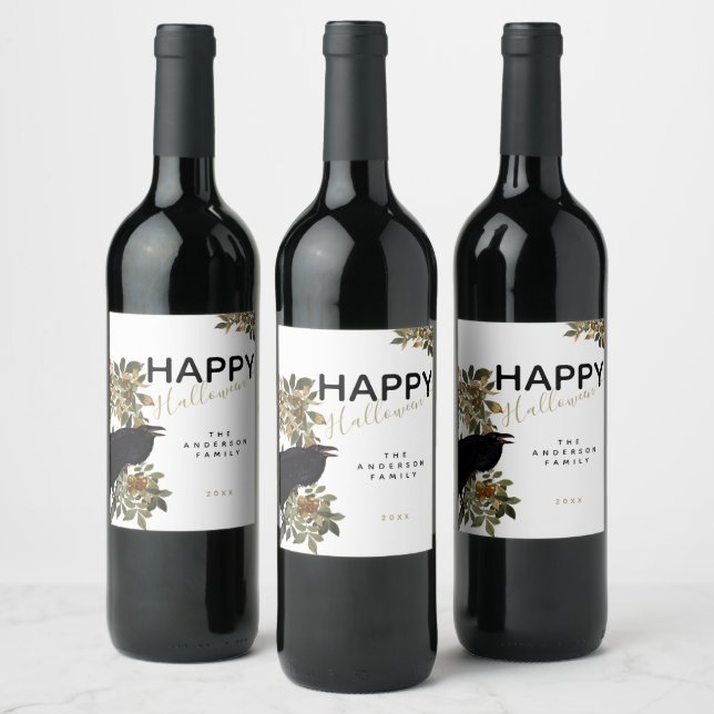 Étiquette Pour Bouteilles De Vin Elégant Halloween Raven noir Nom de famille (Bouteilles)