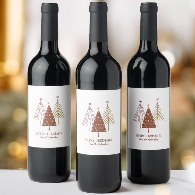 Étiquette Pour Bouteilles De Vin Élégant Joyeux Noël Festive Arbres de vacances Chi (Elegant Merry Christmas Festive Trees Holiday Chic Wine Labels)