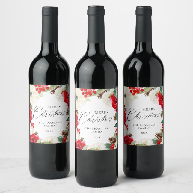 Étiquette Pour Bouteilles De Vin Élégant Joyeux Noël Rouge Floral (Bouteilles)