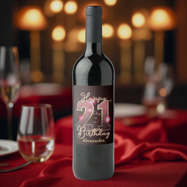 Étiquette Pour Bouteilles De Vin Elégant luxe brillant or et rose 21e anniversaire (Créateur téléchargé)