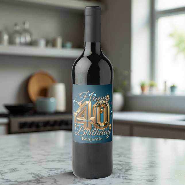 Étiquette Pour Bouteilles De Vin Elégant Luxueux Bleu et Or 40e anniversaire (Créateur téléchargé)