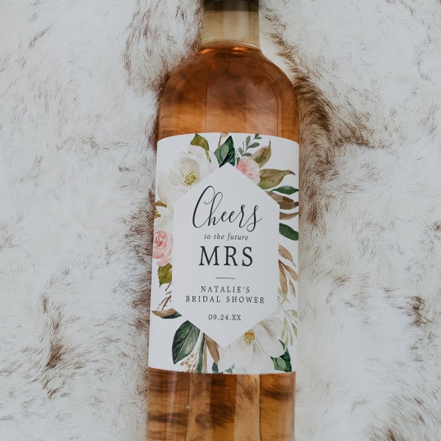 Étiquette Pour Bouteilles De Vin Elegant Magnolia Future Mme Fête des mariées (Créateur téléchargé)