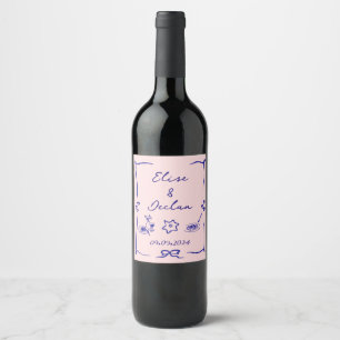 Étiquette Pour Bouteilles De Vin Elégant Mariage bleu rétro tiré à la main