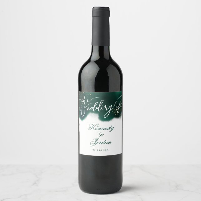 Étiquette Pour Bouteilles De Vin Élégant Mariage couleur vert émeraude (Devant)