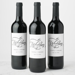 Étiquette Pour Bouteilles De Vin Élégant Mariage de script de charme noir et blanc