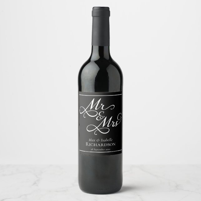 Étiquette Pour Bouteilles De Vin Élégant Mariage de script noir et blanc (Devant)