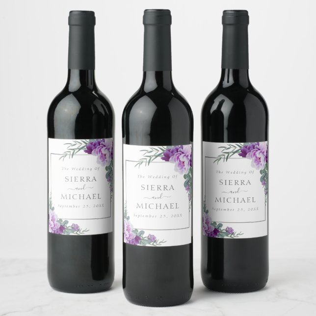 Étiquette Pour Bouteilles De Vin Élégant Mariage d'Eucalyptus Floral Purple & Argen (Bouteilles)