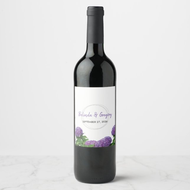 Étiquette Pour Bouteilles De Vin Élégant Mariage d'Hydrangée violette (Devant)