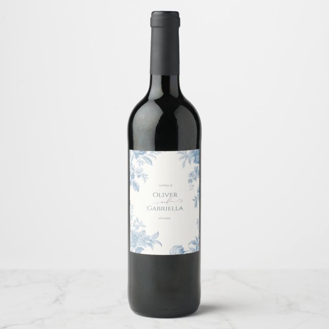 Étiquette Pour Bouteilles De Vin Élégant Mariage Floral bleu toile française (Devant)