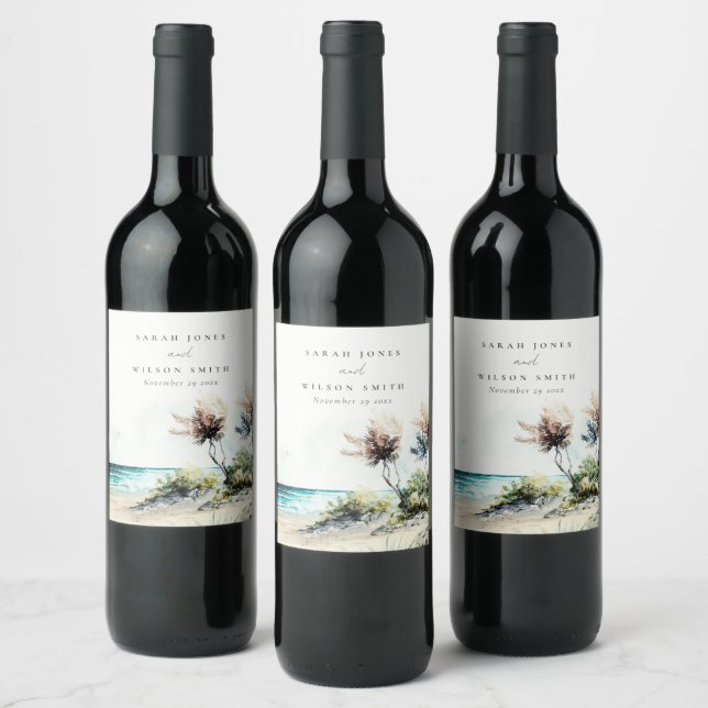 Étiquette Pour Bouteilles De Vin Elégant Mariage marin de la plage de Palm Plage Du (Bouteilles)