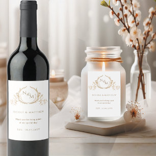 Étiquette Pour Bouteilles De Vin Élégant Mariage Monogramme blanc et or