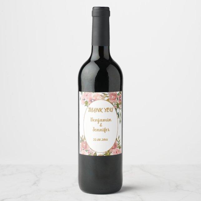 Étiquette Pour Bouteilles De Vin Élégant Mariage rose de verdure (Devant)