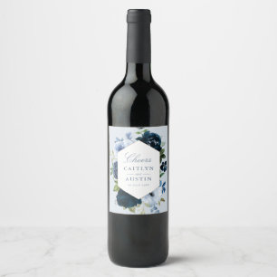 Étiquette Pour Bouteilles De Vin élégant marine et mariage floral bleu poussiéreux