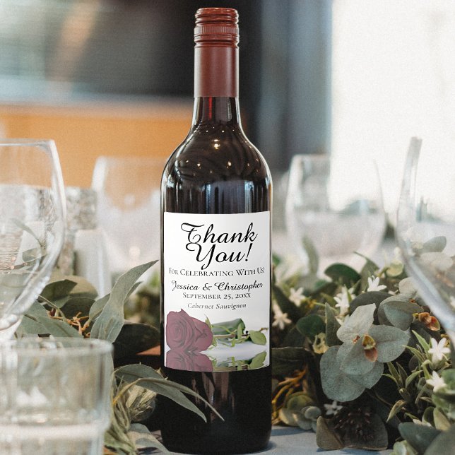 Étiquette Pour Bouteilles De Vin Élégant Merci Mariage Rose de Bourgogne (Créateur téléchargé)