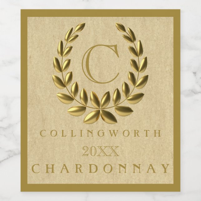 Étiquette Pour Bouteilles De Vin Élégant Monogramme Avec Wreath Gold Laurel (Étiquettes simples)