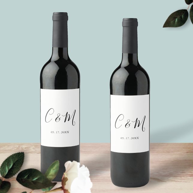Étiquette Pour Bouteilles De Vin Élégant Monogramme Mariage noir et blanc (Créateur téléchargé)