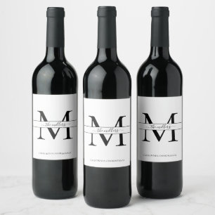 Étiquette Pour Bouteilles De Vin Élégant Monogramme noir blanc Mariage Script