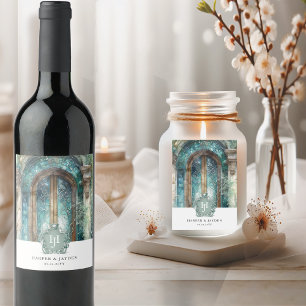 Étiquette Pour Bouteilles De Vin Élégant Monogramme Turquoise, Mariage d'aquarelle