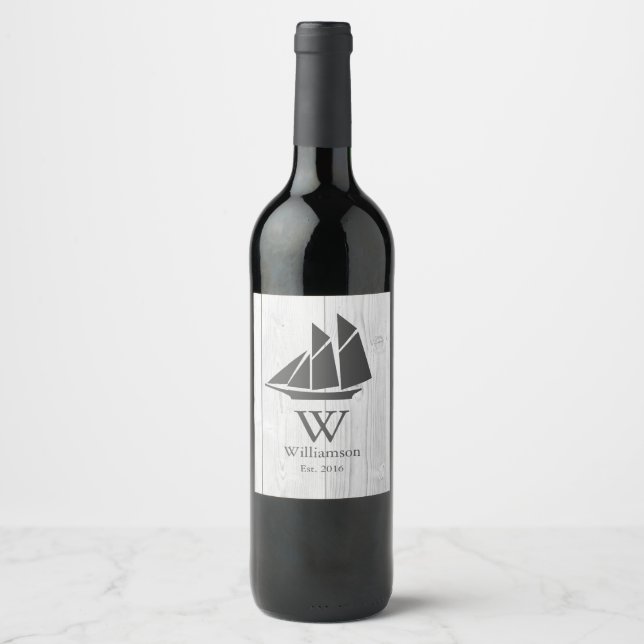 Étiquette Pour Bouteilles De Vin Elégant Nautique Blanc Bois Gris Voilier (Devant)