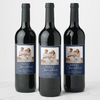 Étiquette Pour Bouteilles De Vin Elegant Navy Blue Merry Christmas Family Photo