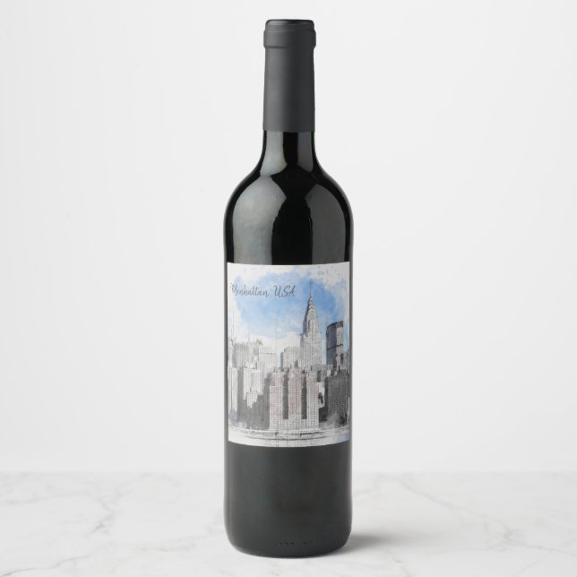 Étiquette Pour Bouteilles De Vin Élégant New York City Manhattan Skyline | Personna (Devant)
