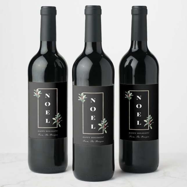 Étiquette Pour Bouteilles De Vin Elégant NOEL Gold Berry Frame Black (Bouteilles)
