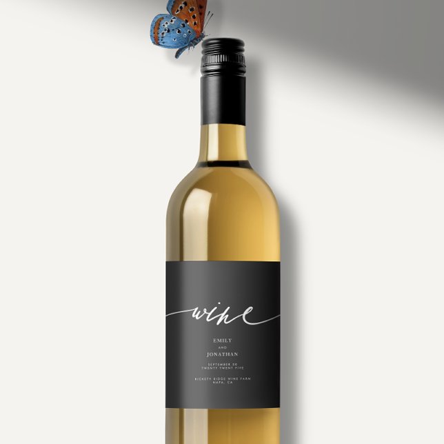 Étiquette Pour Bouteilles De Vin Elégant noir & blanc Mariage de calligraphie moder (Créateur téléchargé)