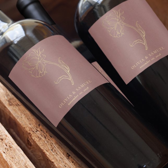 Étiquette Pour Bouteilles De Vin Elégant or Flower Dusty Rose Mariage de typographi (Créateur téléchargé)