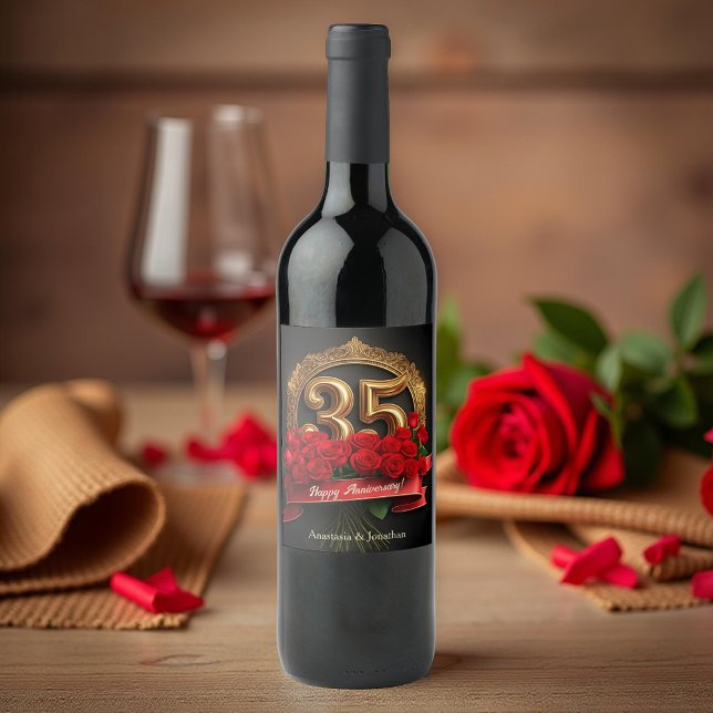 Étiquette Pour Bouteilles De Vin Élégant Red Roses Gold 35e anniversaire Mariage (Créateur téléchargé)