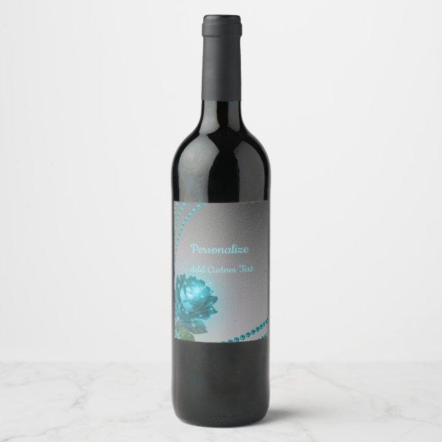 Étiquette Pour Bouteilles De Vin Elégant Romantique Crystal Blue Rose Pearls Chic (Devant)