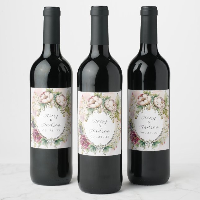 Étiquette Pour Bouteilles De Vin Élégant romantique Rustique Mariage floral Carré S (Bouteilles)