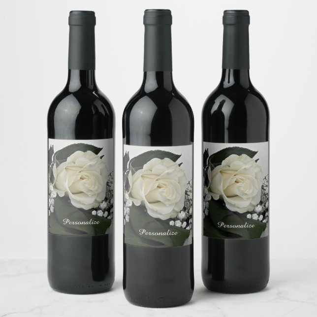Étiquette Pour Bouteilles De Vin Élégant & Rose Blanche Romantique Personnalisé (Bouteilles)