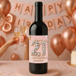 Étiquette Pour Bouteilles De Vin Elégant rose et or Pearly 21e anniversaire