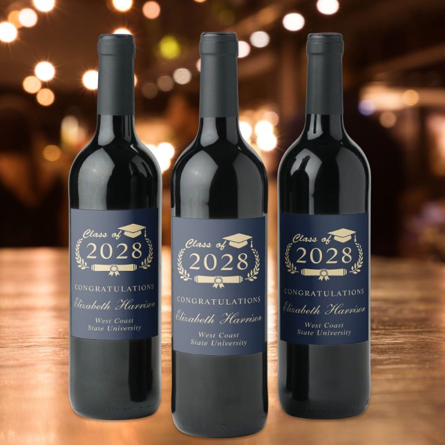 Étiquette Pour Bouteilles De Vin Élégant Script Blue Gold Graduation (Créateur téléchargé)