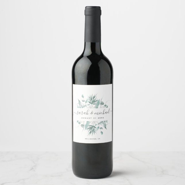 Étiquette Pour Bouteilles De Vin Élégant Script Moderne Verdure Mariage Faveur (Devant)