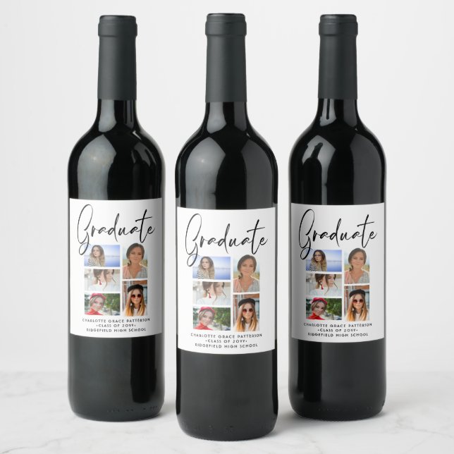Étiquette Pour Bouteilles De Vin Élégant Script Multi Photo Graduate (Bouteilles)
