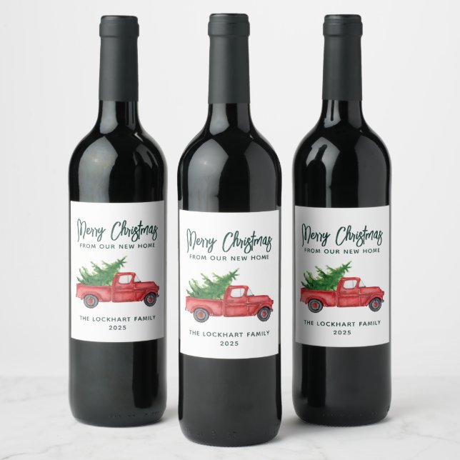 Étiquette Pour Bouteilles De Vin Élégant Script Noël Camion Rouge Vacances (Bouteilles)