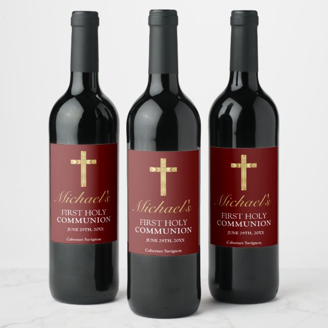 Étiquette Pour Bouteilles De Vin Élégant Simple Gold Croix Rouge Première communion (Bouteilles)