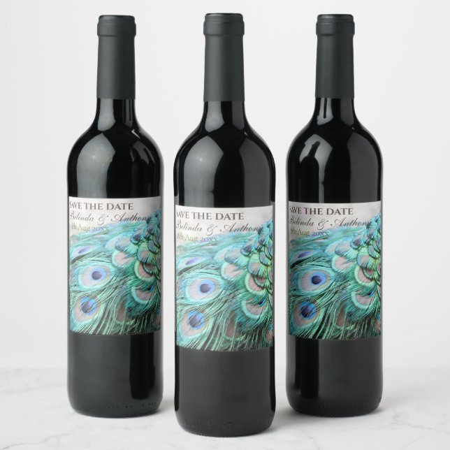 Étiquette Pour Bouteilles De Vin Élégant Turquoise Peacock Feather Enregistrer la d (Bouteilles)