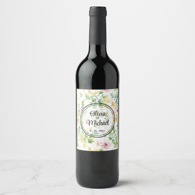 Étiquette Pour Bouteilles De Vin Elégant vert fleurs sauvages d'aquarelle (Devant)