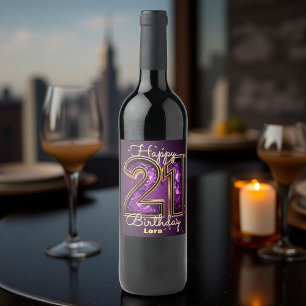 Étiquette Pour Bouteilles De Vin Elégant violet et pierre à gemmes d'or 21e anniver