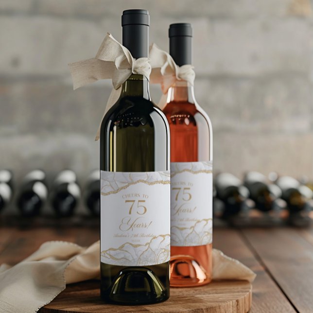Étiquette Pour Bouteilles De Vin Elegant White Gold Agate 75th Birthday Party (Créateur téléchargé)