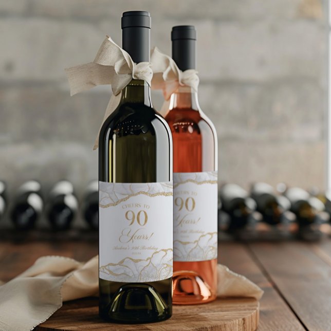 Étiquette Pour Bouteilles De Vin Elegant White Gold Agate 90th Birthday Party (Créateur téléchargé)